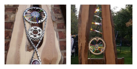 Caroline Channing Glass, Wood, Bike Parts and Fused Glass Sculpture