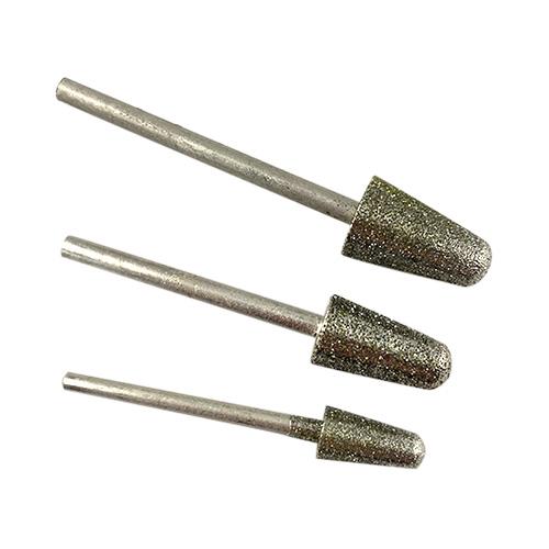 Three rocket-shaped diamond burrs in sizes 6mm, 8mm and 10mm on a 2.35mm steel shank. coarse-medium grit.