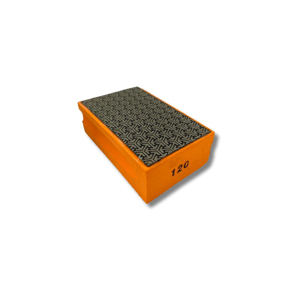 Orange sanding block with 120 diamond grit sanding surface on a white background