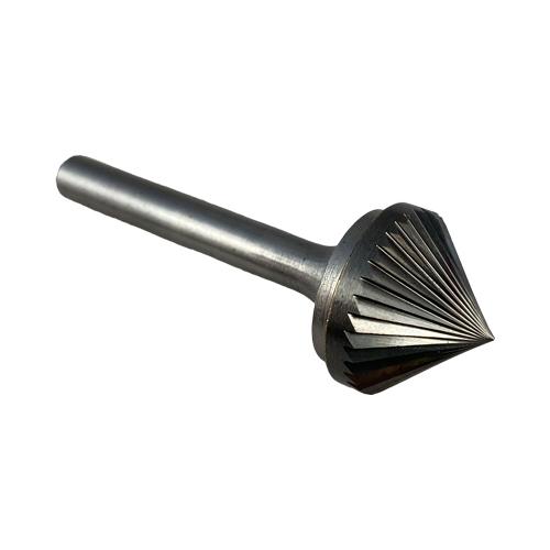 90-degree cone-shaped countersink tungsten carbide burr. 20mm in diameter on a 6mm shank.