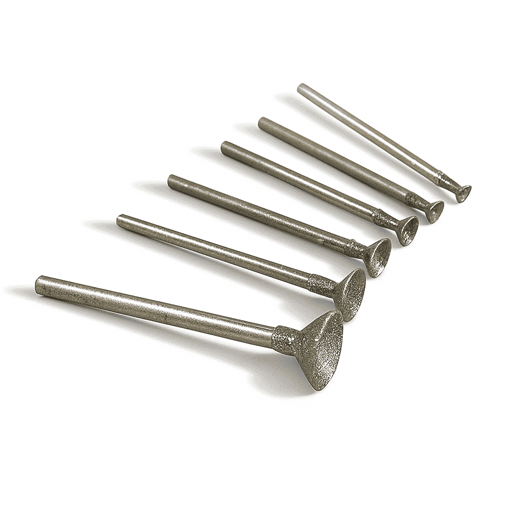 An assortment of six diamond bead shaping burrs from Eternal Tools.