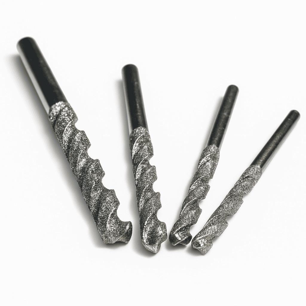 Assortment of four Small Diamond Twist Drills for enlarging holes in glass, stone, ceramic and hard materials.