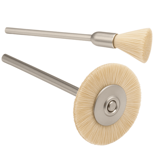 Soft White Goat Hair Bristle Brush for stone setting, wheel shape and point shape mounted on steel shanks