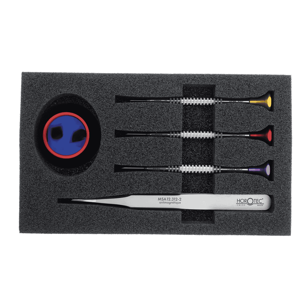 Horotec Watchmakers Kit foam insert containing screwdrivers, tweezers and eyeglass