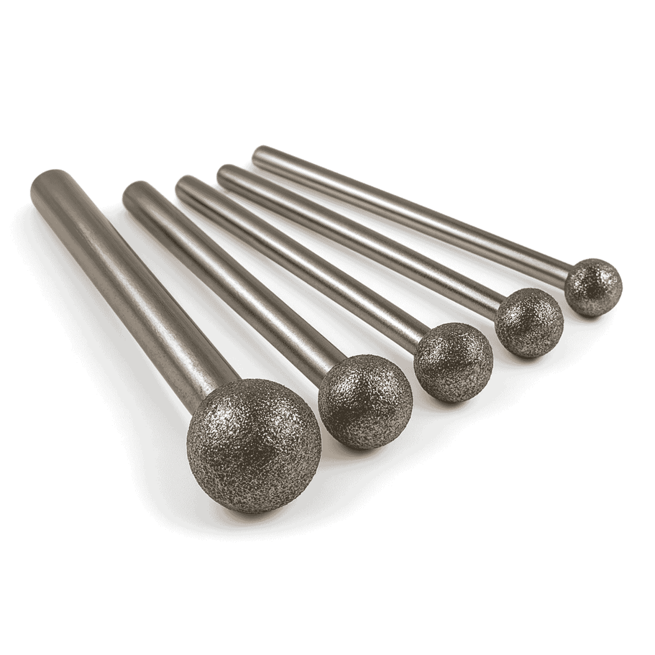 Five large diamond coated ball burs ranging in sizes from 4mm to 50mm for carving stone, glass, ceramic and hard materials