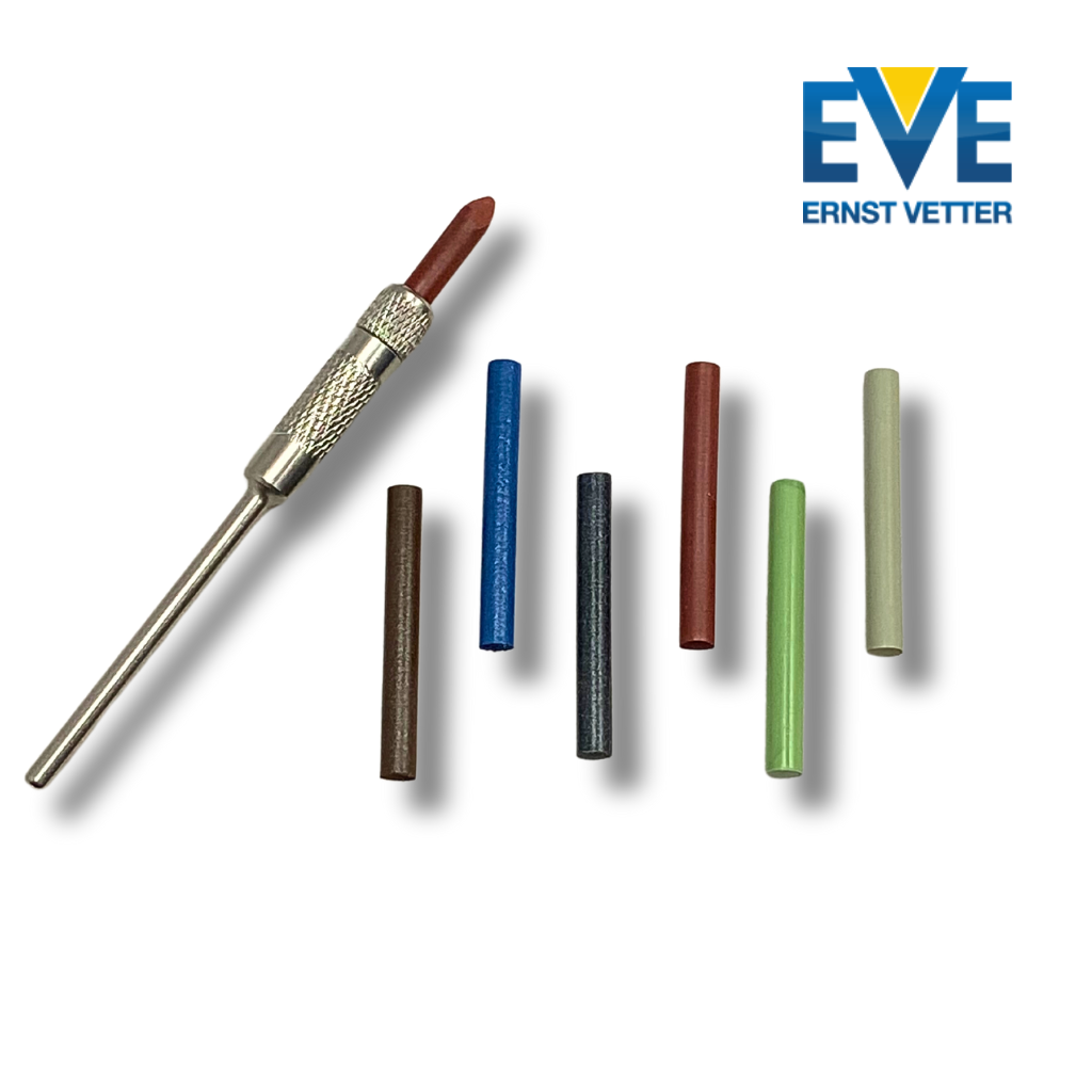 Polishing rods for metals set of 6 and mandrel shown with EVE logo