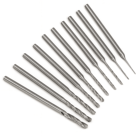 Set of ten High speed steel twist drill bits for metal, wood and plastics. 2.35mm shanks. sizes 0.5mm-2.20mm