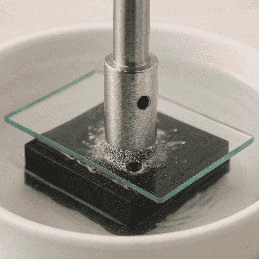 Thin wall diamond core drill bit in size 12mm shown drilling through thin sheet glass on a wooden block in water