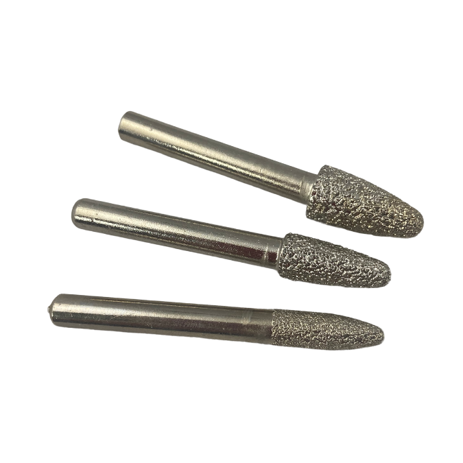 three diamond vacuum brazed bullet-shaped burrs. 6mm, 8mm and 10mm for fibre-reinforced plastics, ceramics, brick, granite, porcelain, and more.