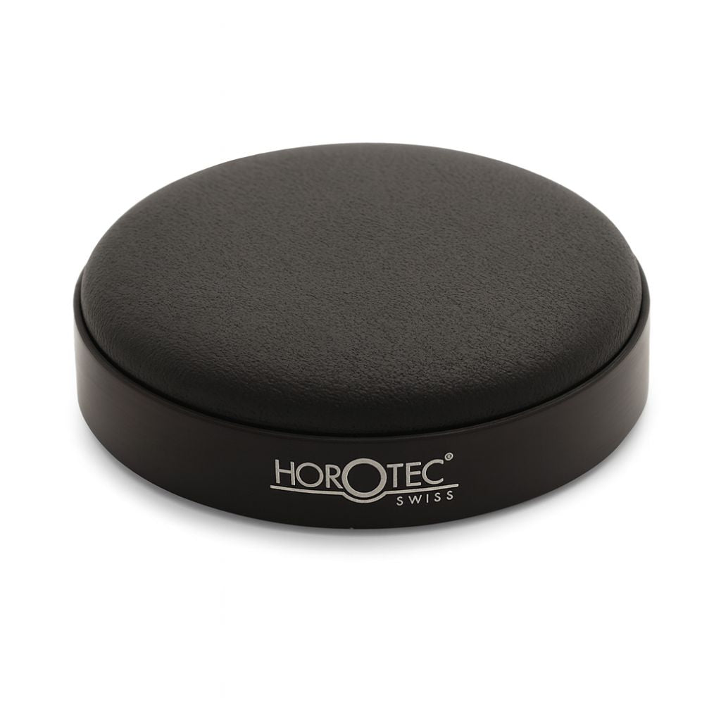 Horotec Watch case cushion 75mm diameter for watch and clock repair. Black leather cushion in a black anodised aluminium ring