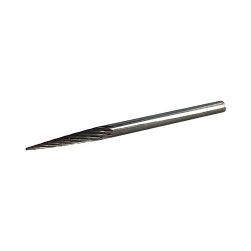 Single Cut tungsten Carbide burr, pointed cone shape with a 2.35mm  diameter cutting area and mounted on a 2.35mm shank.