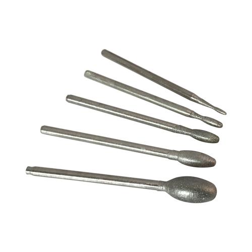 Display of 5 different sized oval shaped fine ,400 grit, diamond burrs for glass engraving