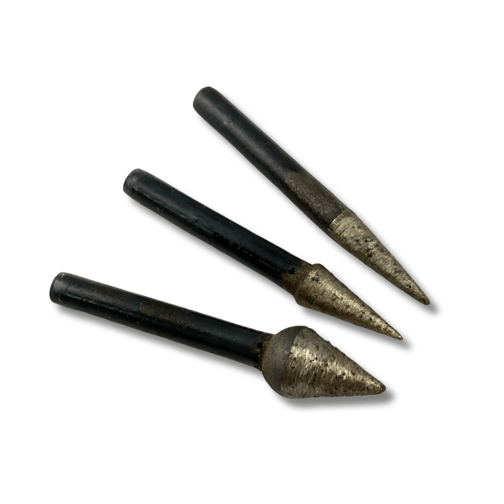 Three different sizes of Diamond Sintered cone points used for grinding stone, glass, and ceramics