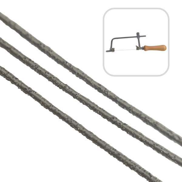 Three Diamond wire piercing saw blades shown close up, and an image of wire blade in a saw frame