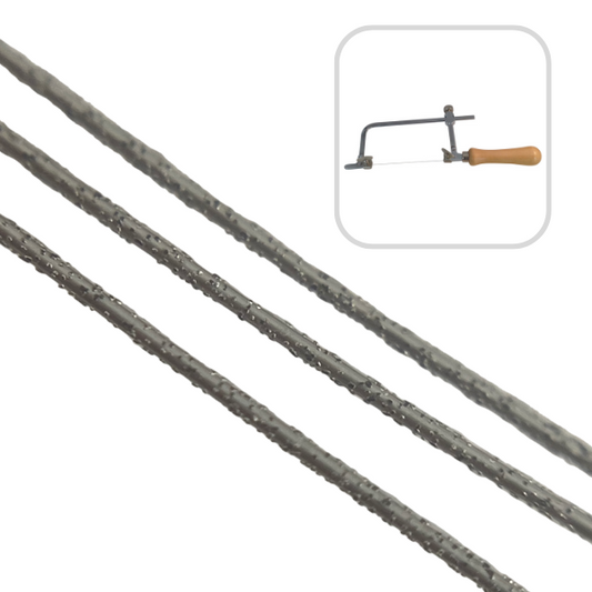 Three Diamond wire piercing saw blades shown close up, and an image of wire blade in a saw frame