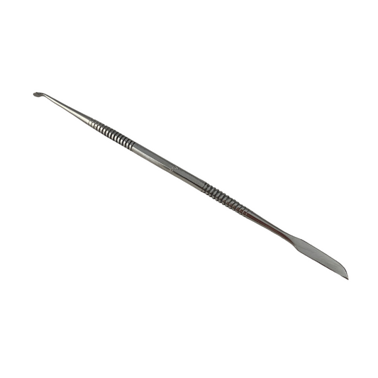 A double-ended stainless steel carving tool with a flat knife edge on one end and a flat round paddle on the other.