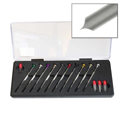 Curved, T shaped screwdriver set with hollow ground parallel blades. 10 piece set with spare blades