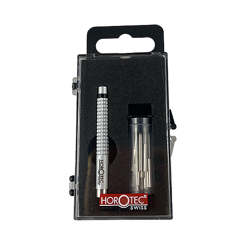 Horotec Pin Punch Tool Set shown in it's plastic packaging case for removing friction pins from watch bracelets