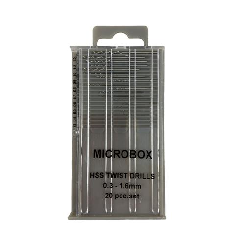 Set of twenty HSS drill bits 0.3mm - 1.6mm all with a straight shank and displayed in a plastic grey box wiht a clear lid. Each drill bit size is indicated on the box for easy identification