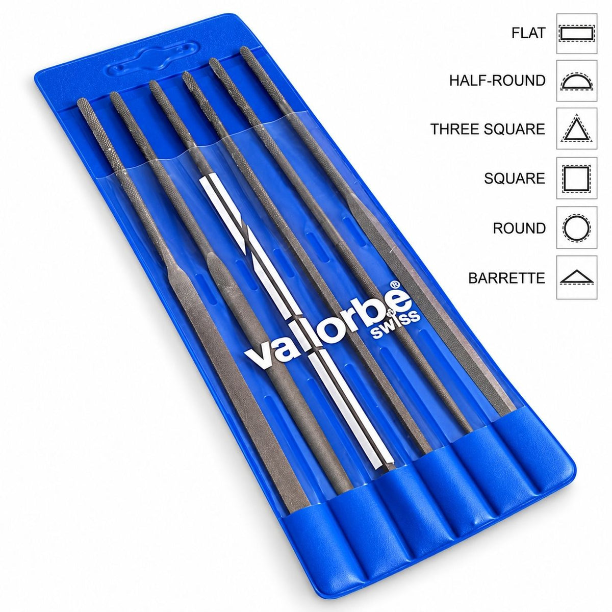 Vallorbe Swiss Needle Files six piece assorted Set showing flat, half-round, three square, square, round and barrette files in a blue plastic wallet with Vallorbe logo on the front