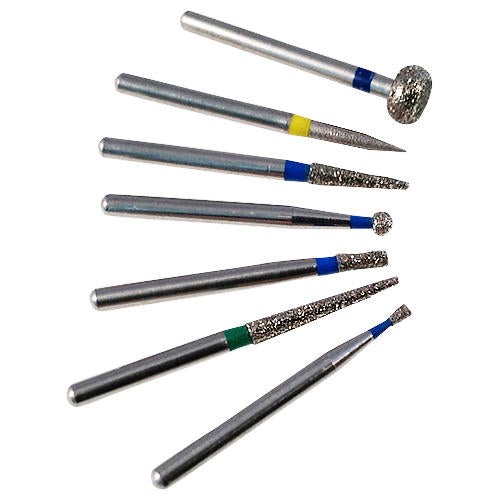 Showing a range of seven Precision Diamond FG Burrs for Glass Artists, glass engravers and Jewellers.