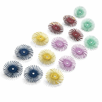 showing a range of fifteen 3M Radial Bristle Discs for polishing metals: blue, yellow, pumice, red and green
