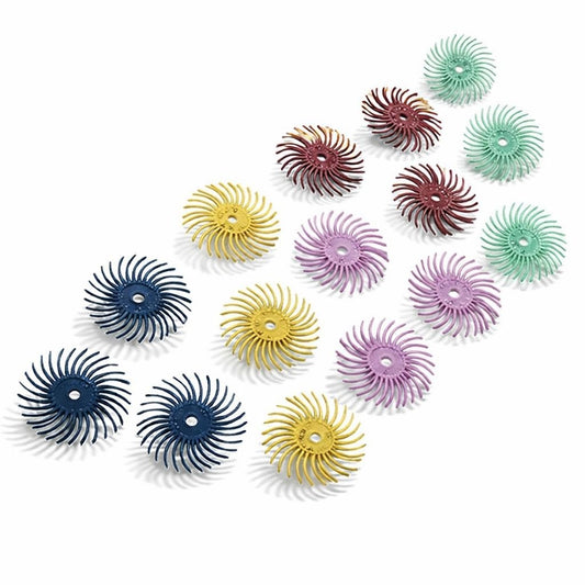 showing a range of fifteen 3M Radial Bristle Discs for polishing metals: blue, yellow, pumice, red and green