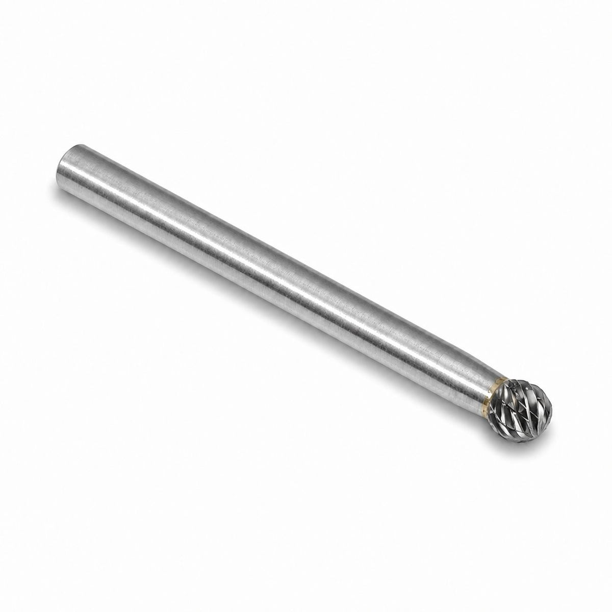 Solid tungsten carbide ball burr. 6mm shank and 6mm diameter cutting head on a white background