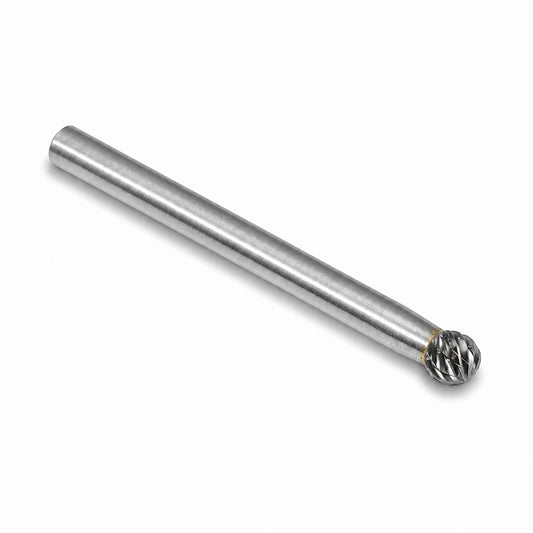 Solid tungsten carbide ball burr. 6mm shank and 6mm diameter cutting head on a white background