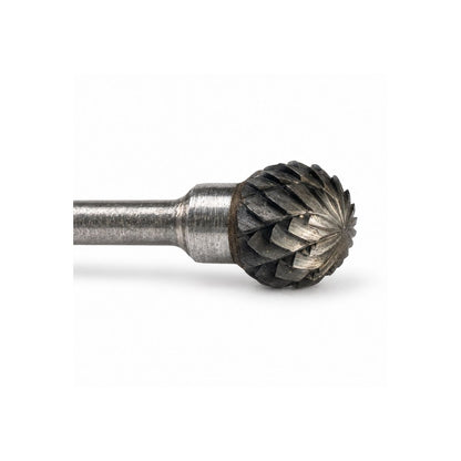 Close-up of 6mm double-cut tungsten carbide ball burr head