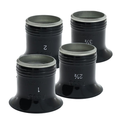 Four Swiss made Type H, ASCO eye loupes with a blue-tinted lens. 1x, 2x, 2.5x and 3.5x magnification