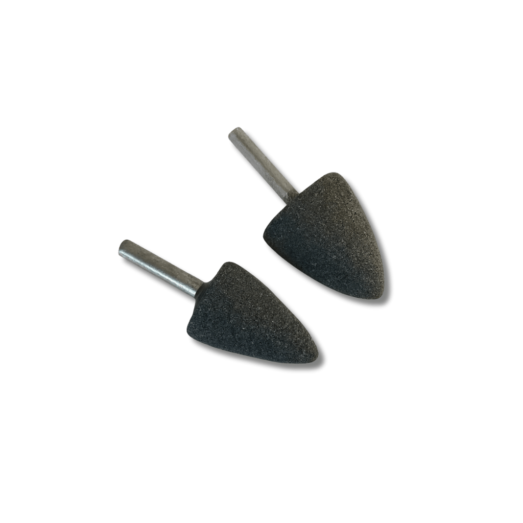 two Aluminium Oxide cone shaped abrasive points 25mm and 30mm diameter mounted on steel shanks