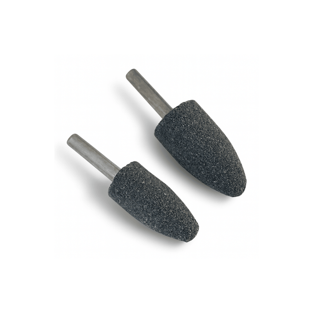 Two bullet or cone-shaped aluminium oxide grinding stone points with metal shafts on a white background