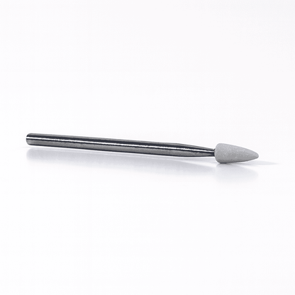 White Bullet shaped Arkansas Stone Bur mounted on a steel shank