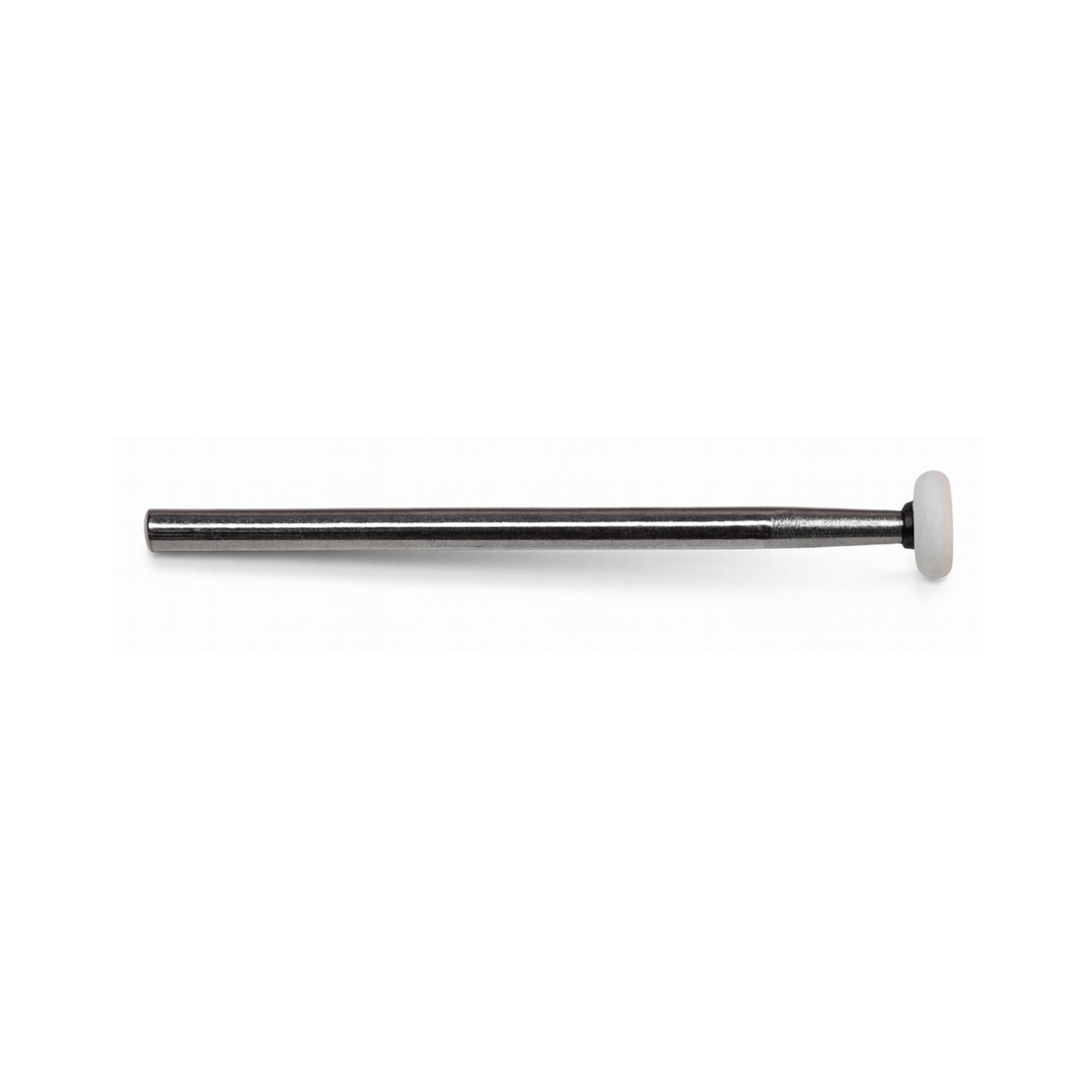 Single White Wheel Shape Arkansas Stone Burr mounted on a 2.35mm steel shank.