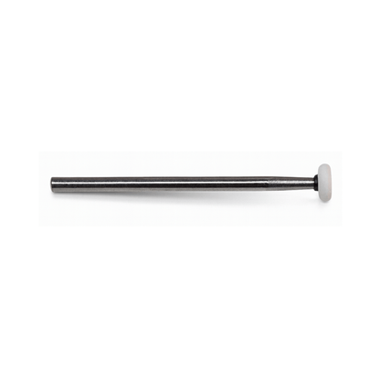 Single White Wheel Shape Arkansas Stone Burr mounted on a 2.35mm steel shank.