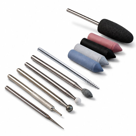 Ten piece Glass engraving kit with diamond burrs, stone burrs and polishers (2.35mm shank)