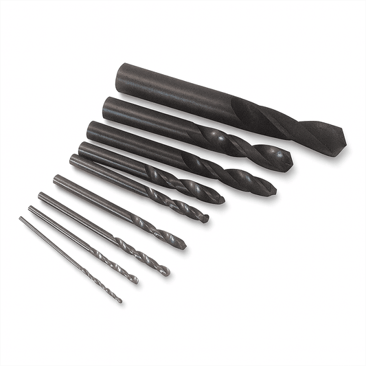 Assortment of nine different sizes of solid carbide drill bits with straight shanks. 1mm to 12mm size range.
