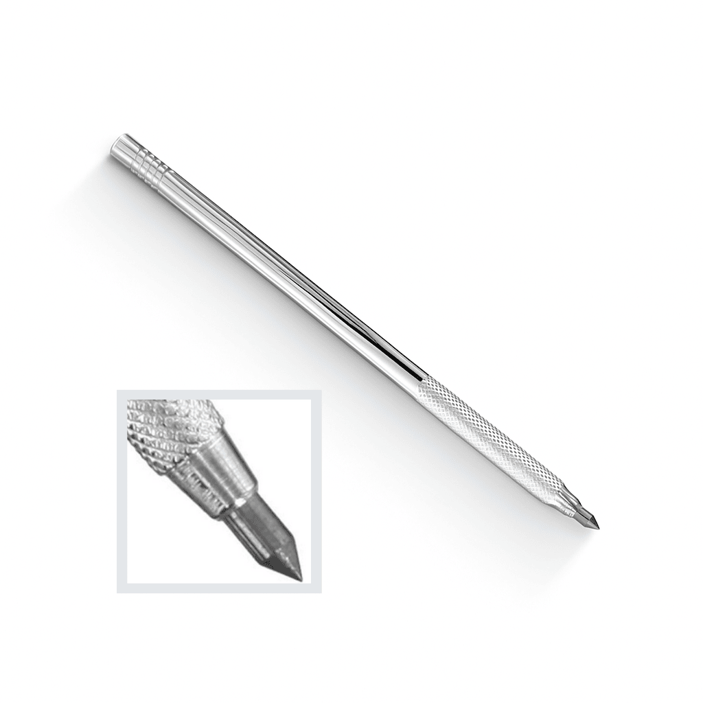 Tungsten Carbide Scriber with a close-up inset of its nib on a white background
