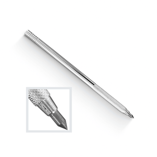 Tungsten Carbide Scriber with a close-up inset of its nib on a white background