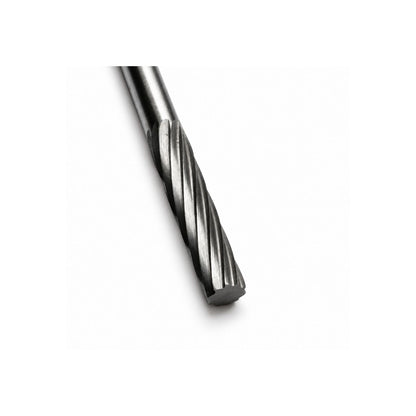 Close-up of single cut flutes on 3mm carbide cylinder burr