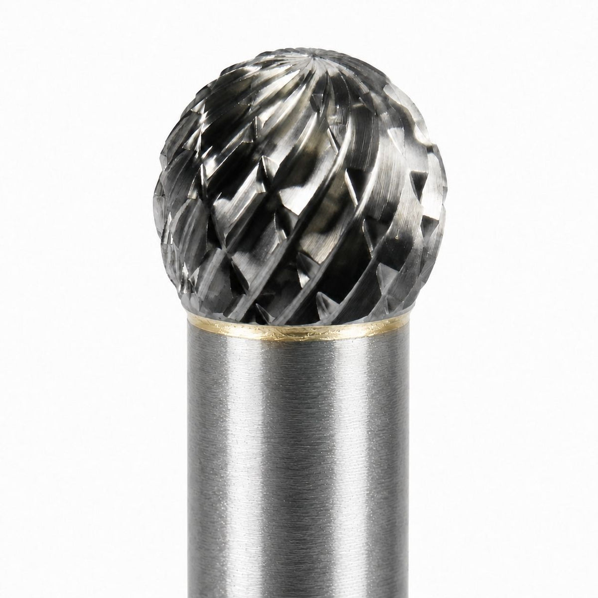 A close-up of a 6mm carbide rotary ball burr bit with a faceted, double-cut spherical head and a brushed steel shank, shown against a plain white background.