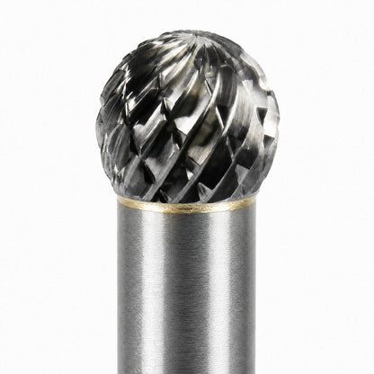 A close-up of a 6mm carbide rotary ball burr bit with a faceted, double-cut spherical head and a brushed steel shank, shown against a plain white background.