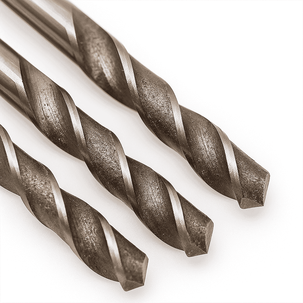 Close-up of three high speed steel drill bits on a white background