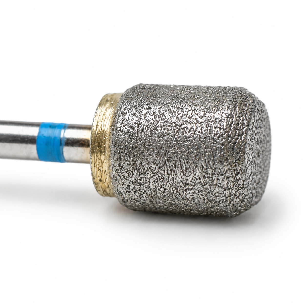 A close-up of a sintered diamond drum burr rotary bit with a gold-colored collar, and a silver steel shank with a blue band, set against a plain white background.