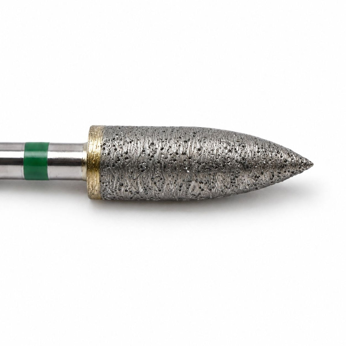 A close up of the tip of a sintered diamond burr 5mm bullet. mounted on a  2.35mm shank shown on a white background