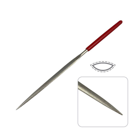 Diamond Crossing Needle File with a fine 600 grit diamond coating and a red rubber handle