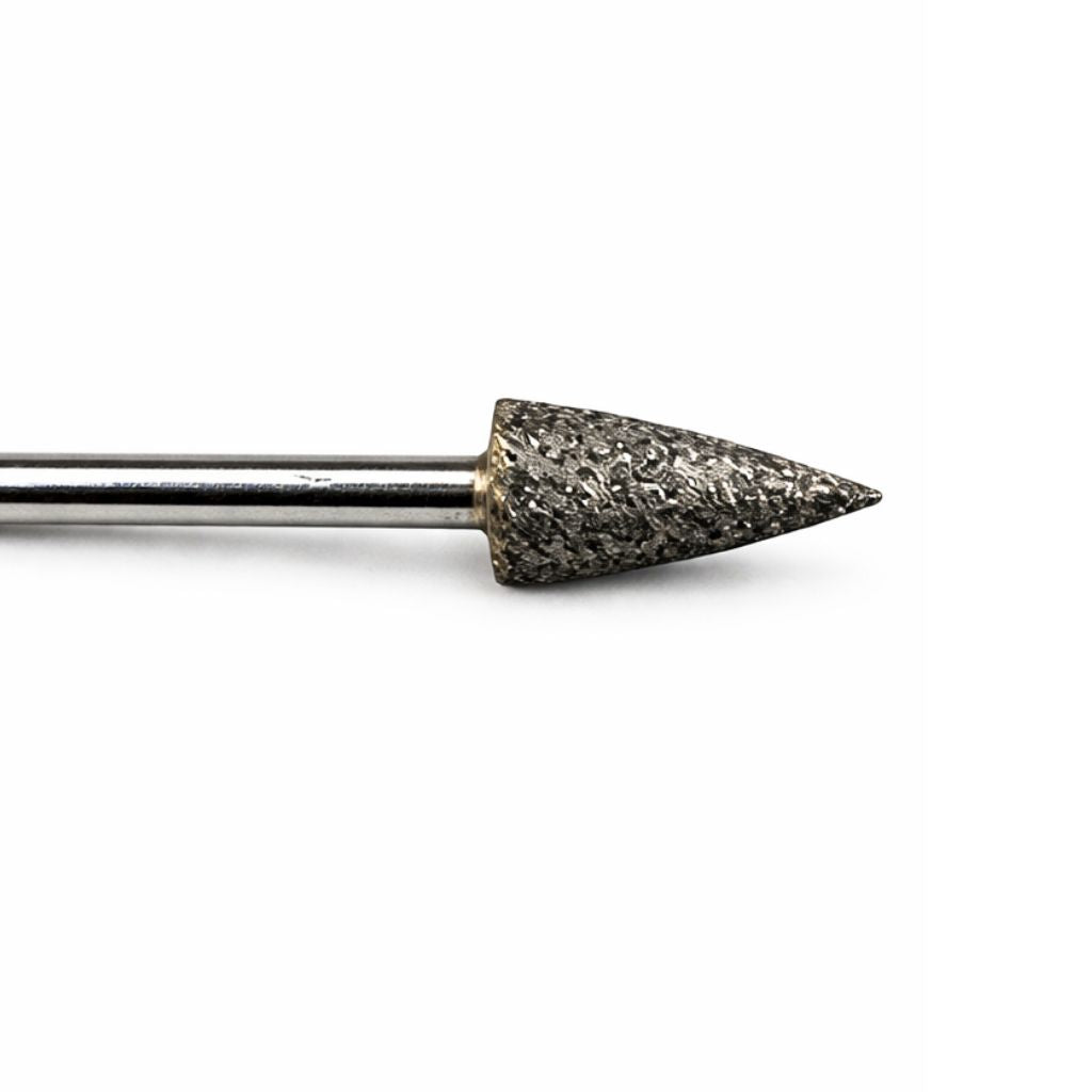 close up of tip off sintered diamond burr cone. mounted on a  2.35mm shank. white background