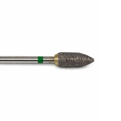 close up of sintered diamond burr flame. mounted on a  2.35mm shank. on a white background
