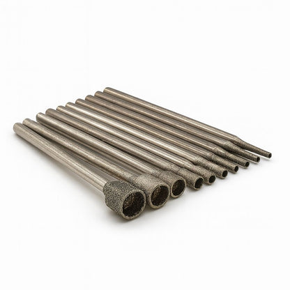 Showing ten different sized diamond ball forming cup burrs in sizes from 1mm - 6mm mounted on steel shanks